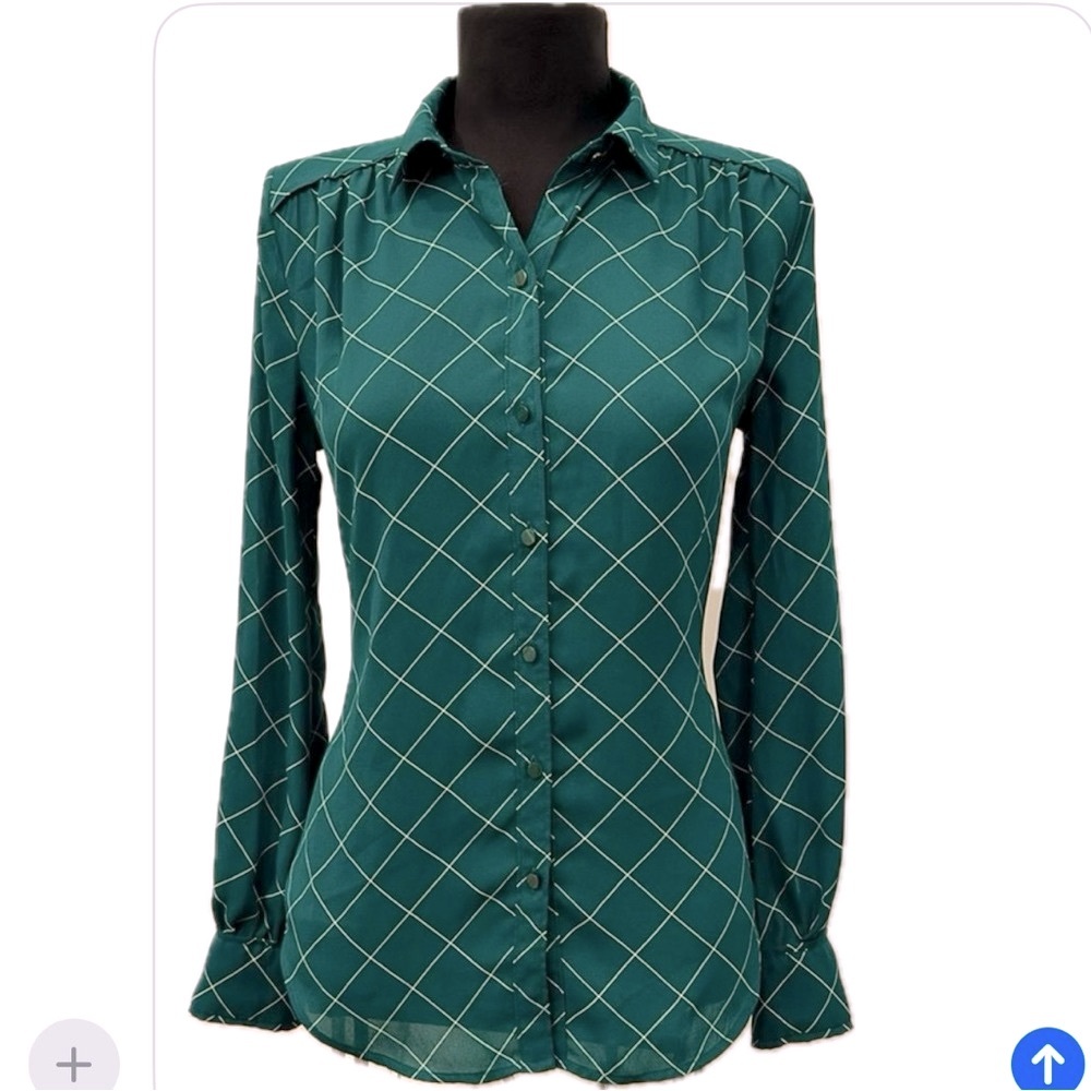 Geometric Print Long Sleeve Button Front Shirt Worthington Emerald Green Small